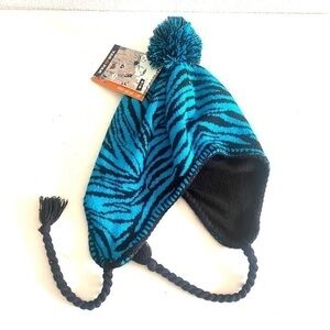 YAK PAK knit jacquard aviator blue zebra winter beanie hat
